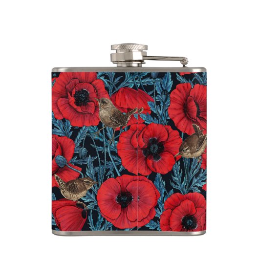 Rode klaprozen en wratten, blauwe bladeren op zwar heupfles (Achterkant)