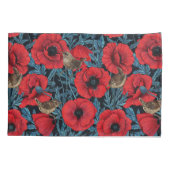 Rode klaprozen en wratten, blauwe bladeren op zwar kussensloop (Achterkant-Links)