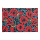 Rode klaprozen en wratten, blauwe bladeren op zwar kussensloop (Achterkant-Rechts)