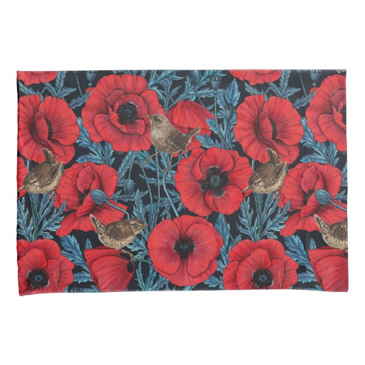 Rode klaprozen en wratten, blauwe bladeren op zwar kussensloop (Voorkant-Rechts)