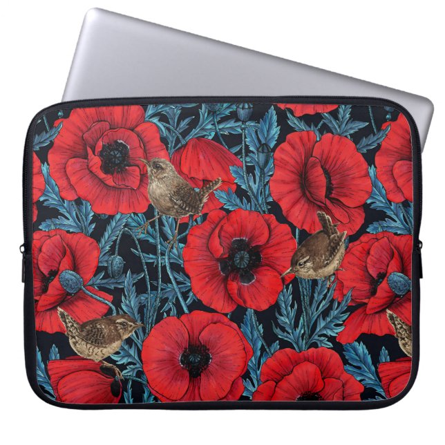 Rode klaprozen en wratten, blauwe bladeren op zwar laptop sleeve (Voorkant)