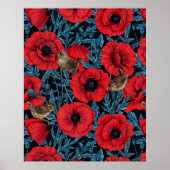 Rode klaprozen en wratten, blauwe bladeren op zwar poster (Voorkant)