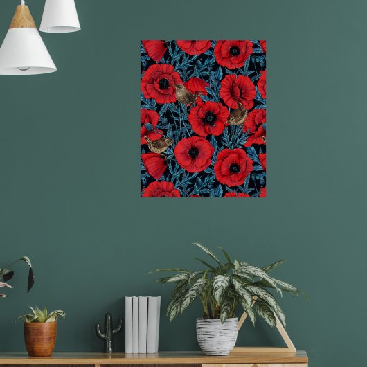 Rode klaprozen en wratten, blauwe bladeren op zwar poster (Woonkamer 1)