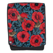 Rode klaprozen en wratten, blauwe bladeren op zwar rugtassen (Voorkant)