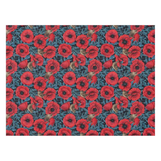 Rode klaprozen en wratten, blauwe bladeren op zwar tafelkleed (Voorkant (Horizontaal))