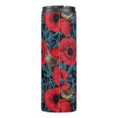 Rode klaprozen en wratten, blauwe bladeren op zwar thermosbeker (Achterkant)