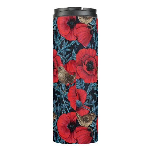 Rode klaprozen en wratten, blauwe bladeren op zwar thermosbeker (Achterkant)