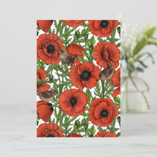 Rode klaprozen en wratten, groene bladeren op wit (Staand voorkant)