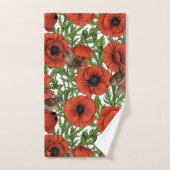 Rode klaprozen en wratten, groene bladeren op wit bad handdoek (Handdoek)