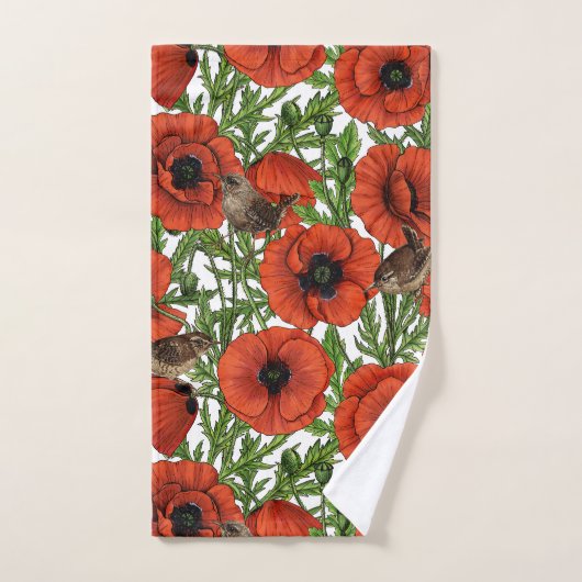 Rode klaprozen en wratten, groene bladeren op wit bad handdoek (Handdoek)