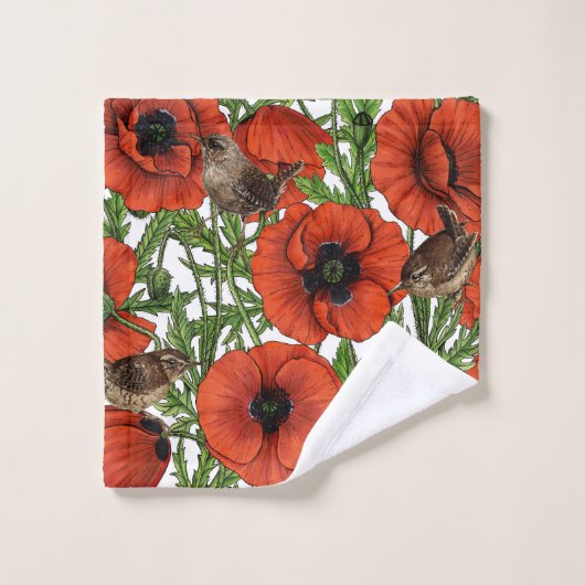 Rode klaprozen en wratten, groene bladeren op wit bad handdoek (Wasdoekje)