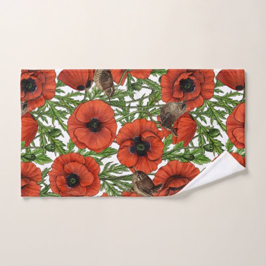 Rode klaprozen en wratten, groene bladeren op wit bad handdoek (Handdoek)