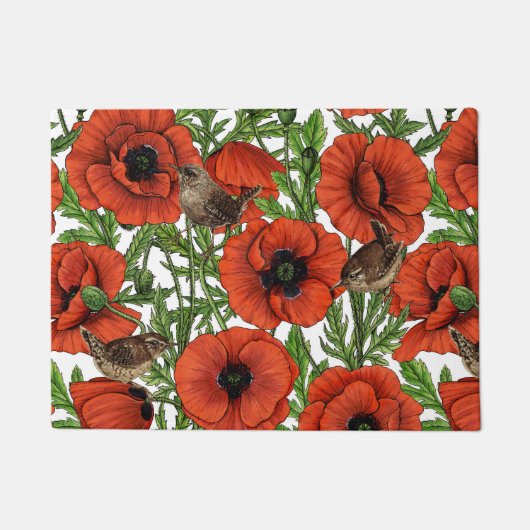 Rode klaprozen en wratten, groene bladeren op wit deurmat (Voorkant)