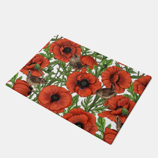 Rode klaprozen en wratten, groene bladeren op wit deurmat (Schuin)