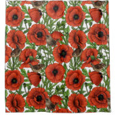 Rode klaprozen en wratten, groene bladeren op wit douchegordijn (Voorkant)