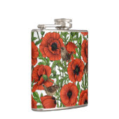 Rode klaprozen en wratten, groene bladeren op wit heupfles (Rechts)