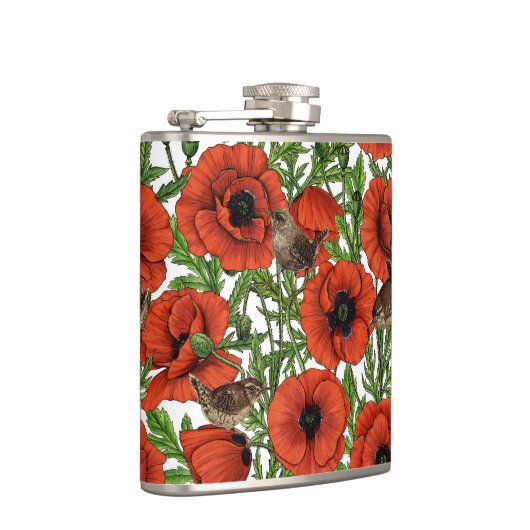 Rode klaprozen en wratten, groene bladeren op wit heupfles (Rechts)