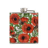 Rode klaprozen en wratten, groene bladeren op wit heupfles (Achterkant)