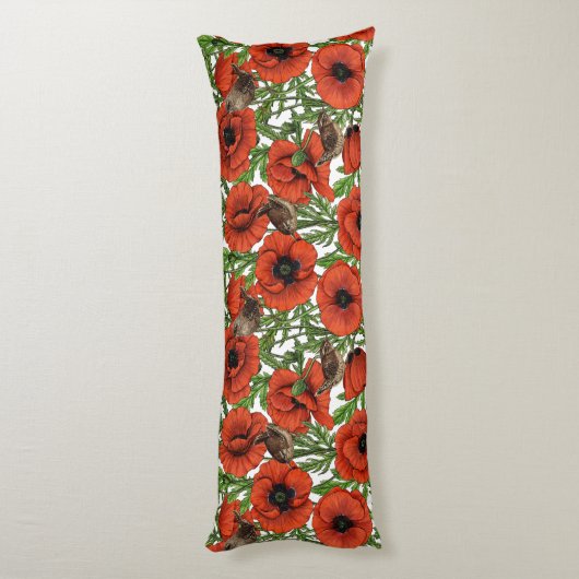 Rode klaprozen en wratten, groene bladeren op wit lichaamskussen (Achterkant (Verticaal))