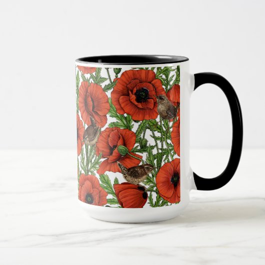 Rode klaprozen en wratten, groene bladeren op wit mok (Rechts)