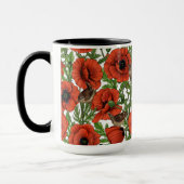 Rode klaprozen en wratten, groene bladeren op wit mok (Links)