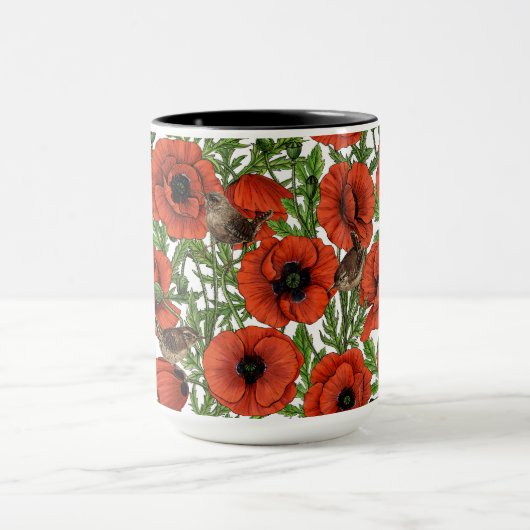 Rode klaprozen en wratten, groene bladeren op wit mok (Midden)