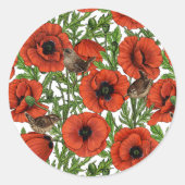 Rode klaprozen en wratten, groene bladeren op wit ronde sticker (Voorkant)