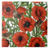 Rode klaprozen en wratten, groene bladeren op wit tegeltje (Voorkant)