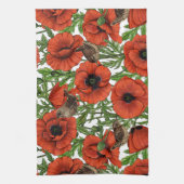 Rode klaprozen en wratten, groene bladeren op wit theedoek (Verticaal)