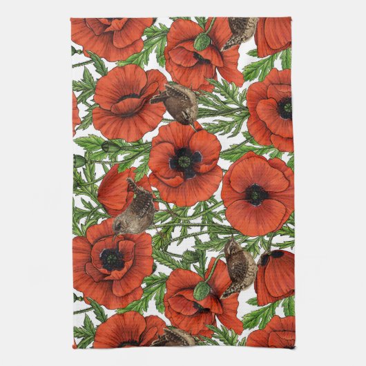 Rode klaprozen en wratten, groene bladeren op wit theedoek (Verticaal)