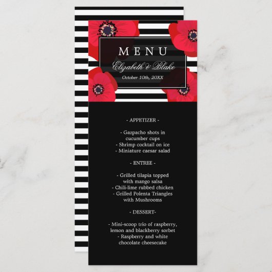 Rode klaprozen en zwarte strepen | Trouwmenu Menu (Voorkant / Achterkant)