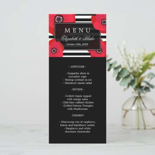 Rode klaprozen en zwarte strepen | Trouwmenu Menu (Staand voorkant)