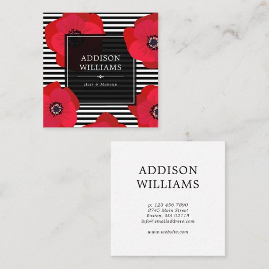 Rode klaprozen en zwarte strepen vierkante visitekaartje (Voorkant / Achterkant)