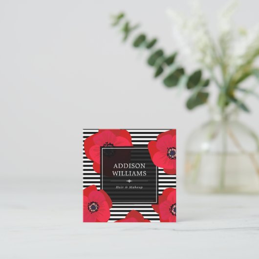 Rode klaprozen en zwarte strepen vierkante visitekaartje (Staand voorkant)