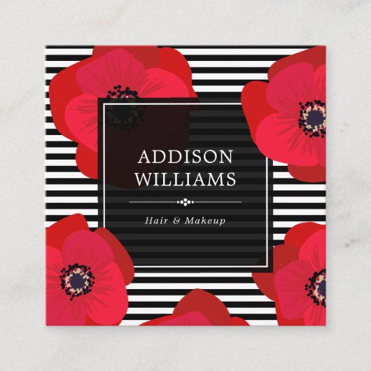 Rode klaprozen en zwarte strepen vierkante visitekaartje (Voorkant)
