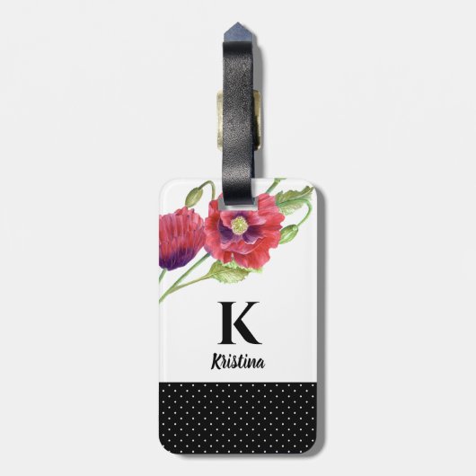 Rode klaprozen Floral Art Botanische Polka Dots Bagagelabel (Achterkant verticaal)