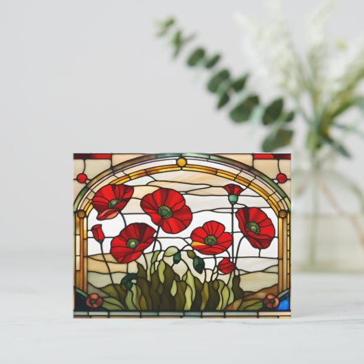 Rode klaprozen glas-in-lood  briefkaart (Staand voorkant)