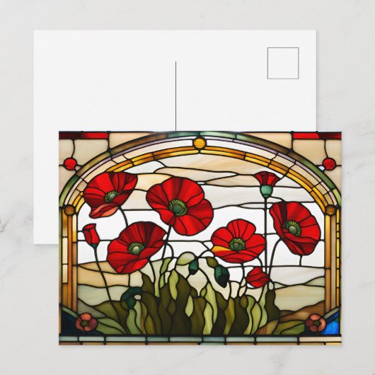 Rode klaprozen glas-in-lood  briefkaart (Voorkant / Achterkant)