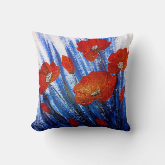 Rode klaprozen in blauw gras kussen (Voorkant)