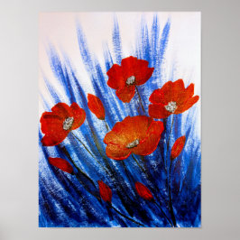 Rode klaprozen in blauw gras poster