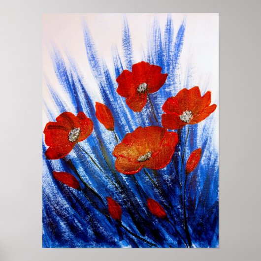 Rode klaprozen in blauw gras poster (Voorkant)