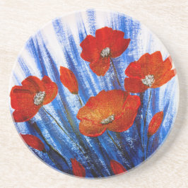 Rode klaprozen in blauw gras zandsteen onderzetter