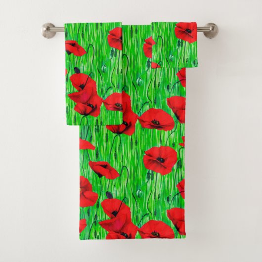 Rode klaprozen in een groen veld bad handdoek (Insitu)