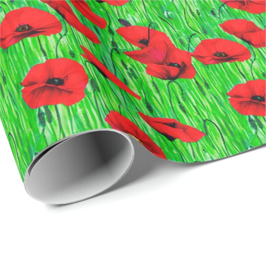 Rode klaprozen in een groen veld cadeaupapier (Rol Hoek)