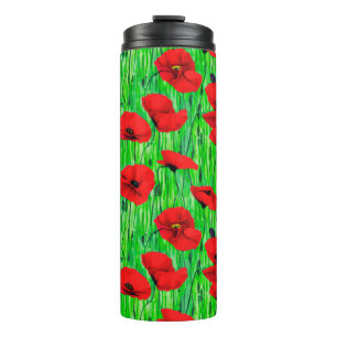 Rode klaprozen in een groen veld thermosbeker