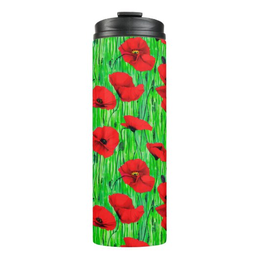 Rode klaprozen in een groen veld thermosbeker (Voorkant)