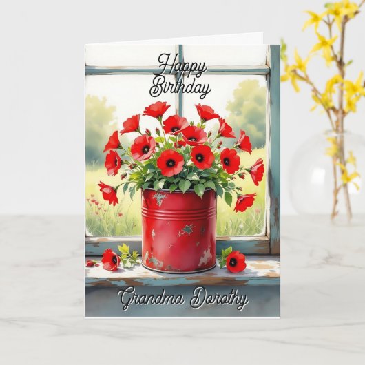 Rode klaprozen in een koffieblik gepersonaliseerde kaart (Gele Bloem)