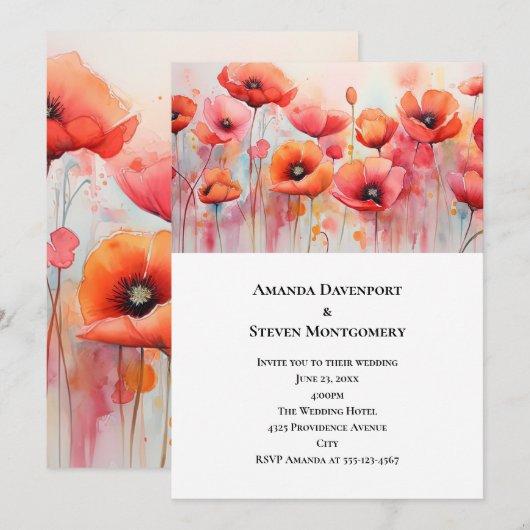 Rode klaprozen in een veld Waterverf bruiloft Kaart (Voorkant / Achterkant)