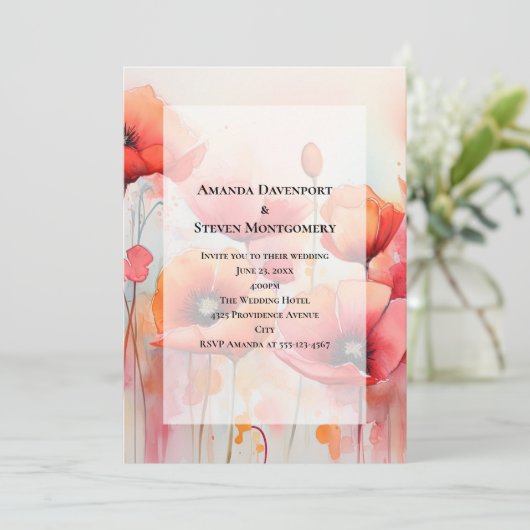 Rode klaprozen in een veld Waterverf bruiloft Kaart (Staand voorkant)