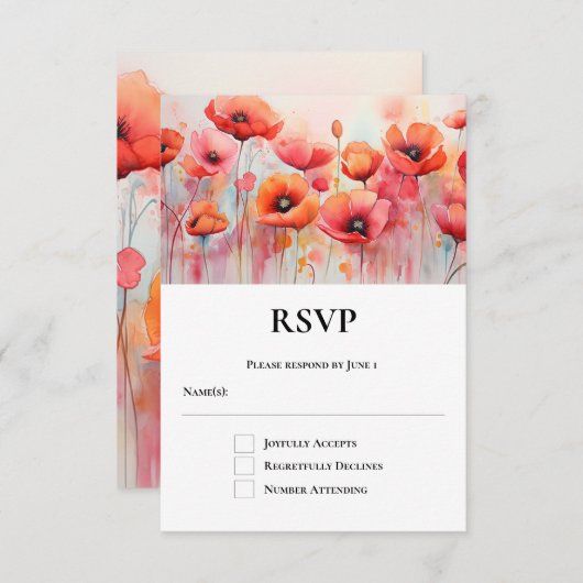 Rode klaprozen in een veld Waterverf bruiloft RSVP Kaartje (Voorkant / Achterkant)